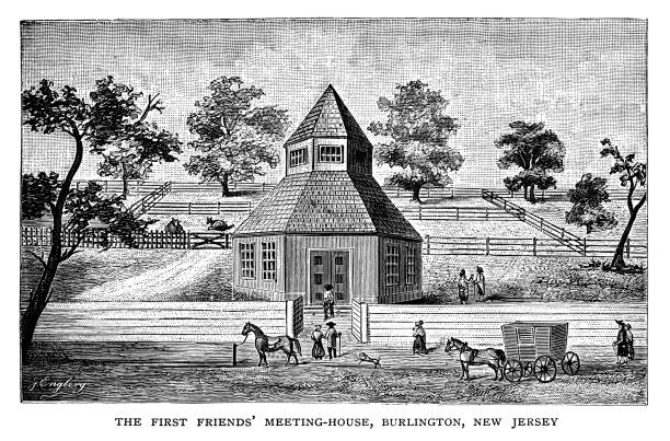 First friends meeting House in Burlington New Jersey - Scanned 1887 Engraving
